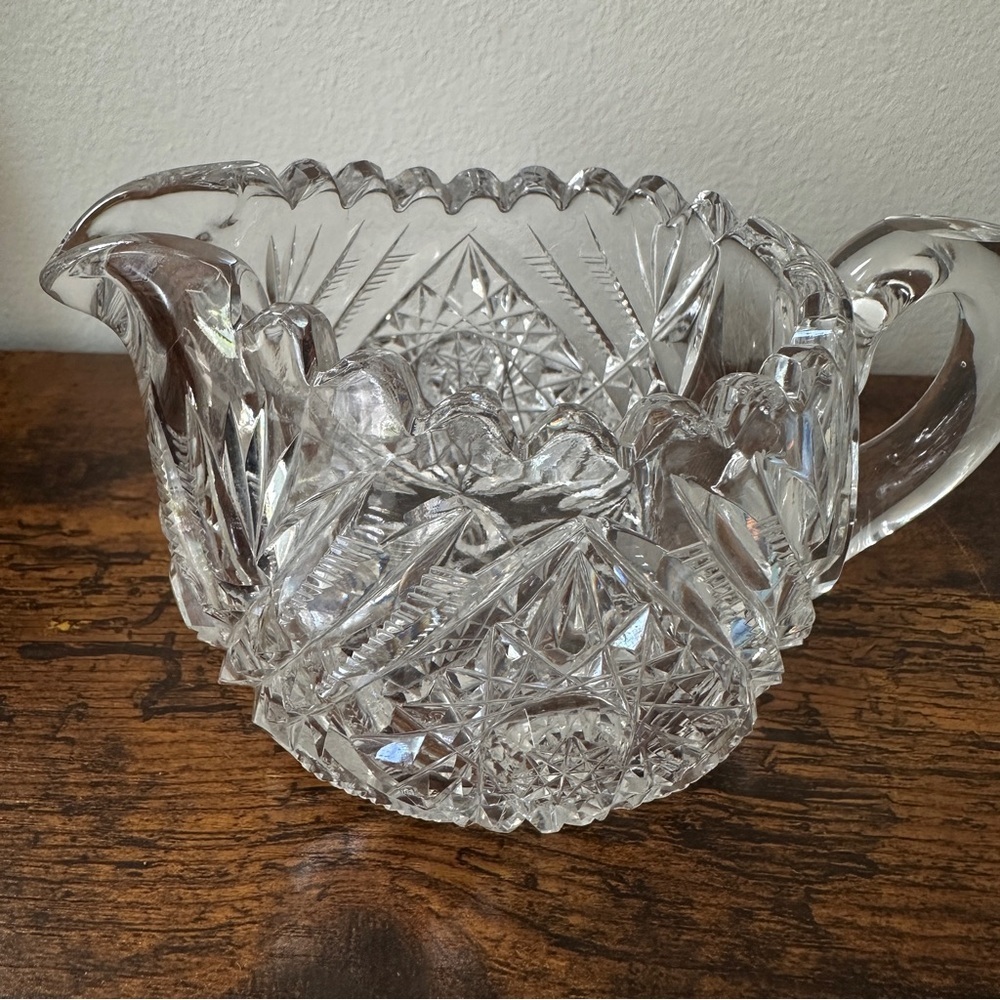 VTG EAPG Clear Cut Glass Creamer Pitcher Whirling Buzzsaw Hobstar Sawtooth Rim